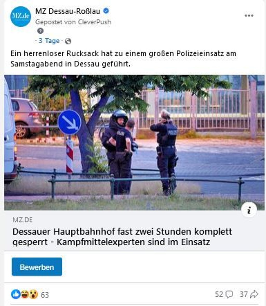 Der Facebook-Post zum Polizeieinsatz am Dessauer Hauptbahnhof.