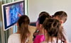 Interessiert verfolgen die Kinder auf dem Tablet, wie die Meise  in ihrem Nistkasten brütet. 