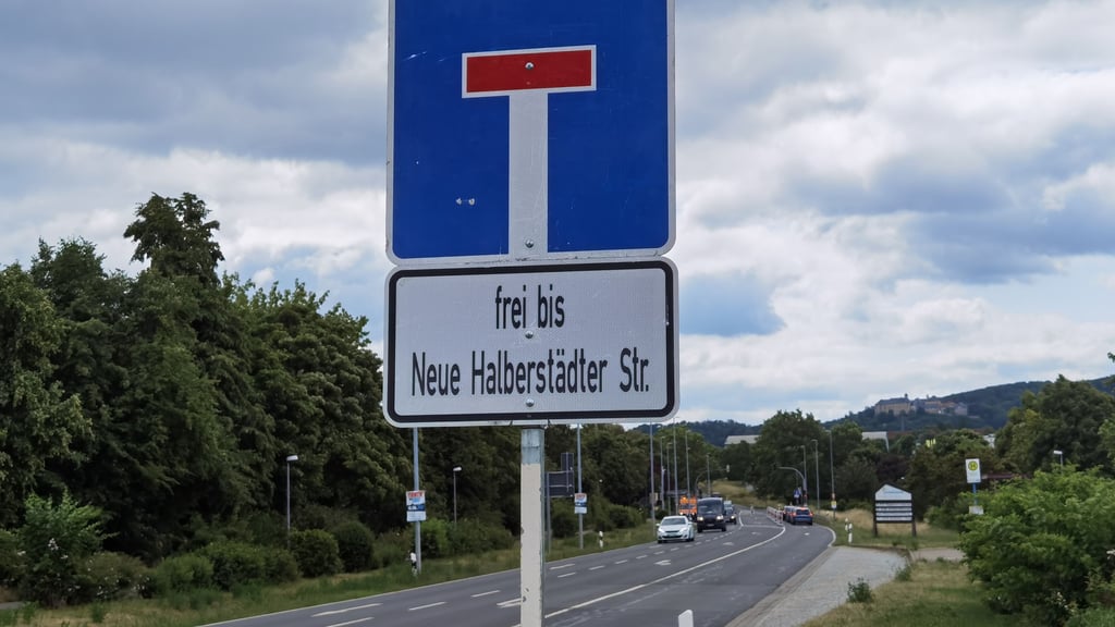 Sackgassenschild auf der B81 in Blankenburg. Es zeigt "frei bis Neue Halberstädter Straße" auf der sich die Autofahrer allerdings schon befinden. Dass sie auf der Straße noch bis zur Aral-Tankstelle, zum Penny- und Getränke-Markt, zum Autocenter und Studio Lucky Fitness sowie ins Wohngebiet Regenstein gelangen können, wird leider nicht verraten.