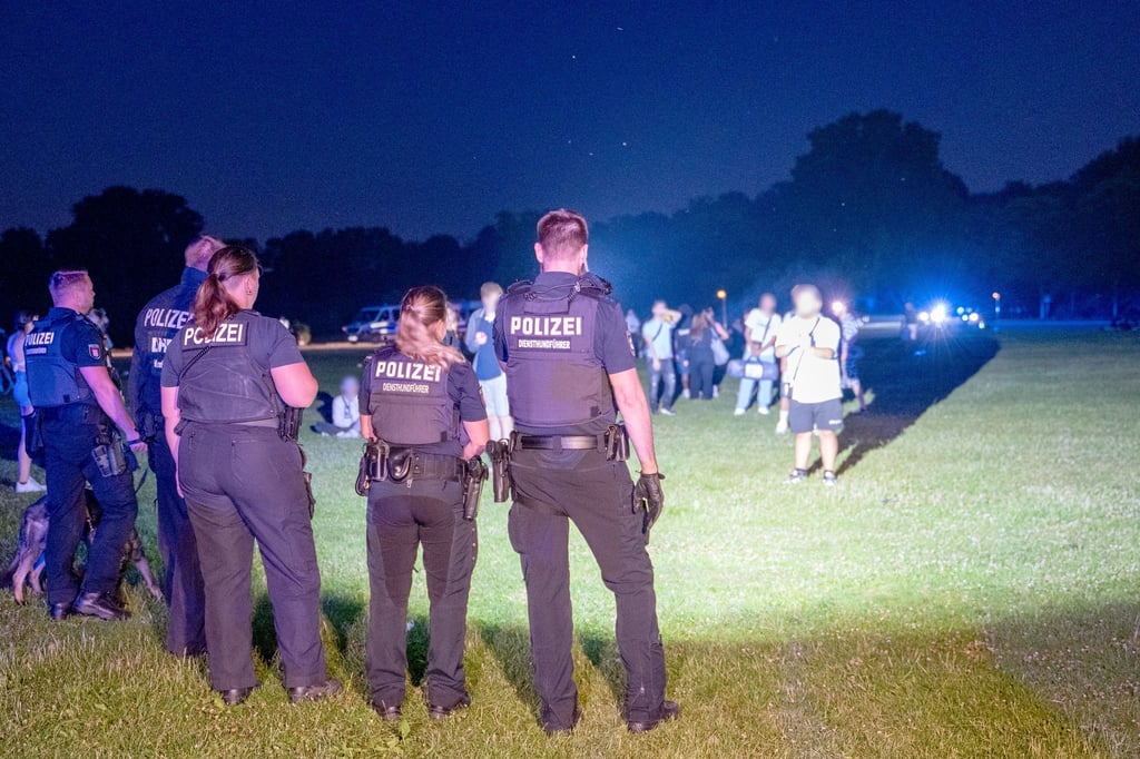 Einsatzkräfte der Polizei und Jugendliche stehen sich im Hamburger Stadtpark gegenüber.