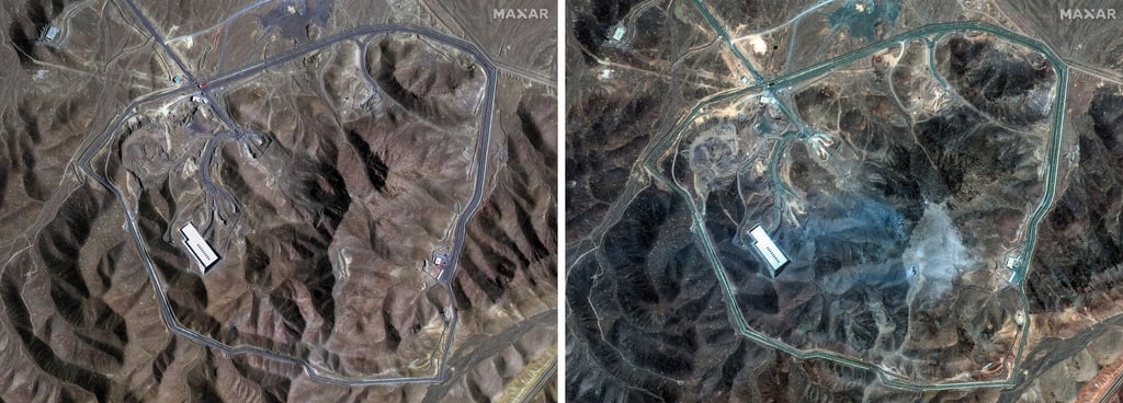 Vorher/Nachher: Der Einschlag von US-Bomben in der iranischen Atomanlage Fordo ist aus dem Weltall sichtbar.
