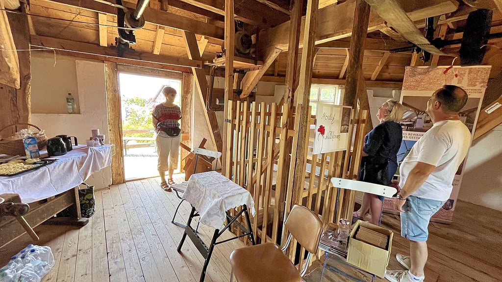 Ein beliebter und vor allem kühler Ort an diesem heißen Sommertag – die Holländerwindmühle, geöffnet und betreut vom Förder- und Heimatverein.
