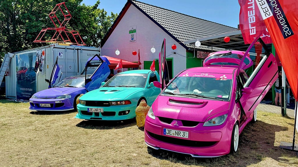 Drei bunte Hingucker mit Flügeltüren: Vor dem Festzelt in Pretzsch zeigen Fans beim Elbetreffen, wieviel Kreativität in einem Mitsubishi stecken kann.