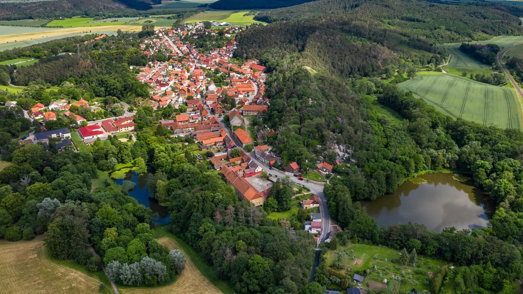 Blick auf Langenstein, im Bild rechts der Ölmühlenteich, an dem die Dorfstraße abzweigt.