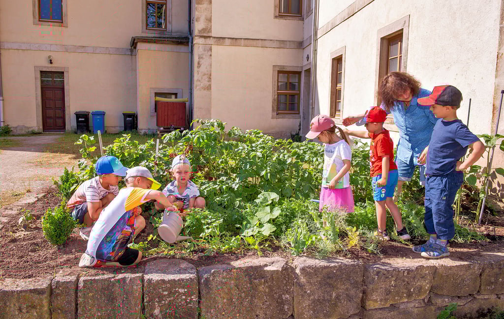 Kinder der Balgstädter Kita „Zwergenschloss“ kümmern sich um ihr Beet, in dem unter anderem jetzt die Johannisbeeren reifen.