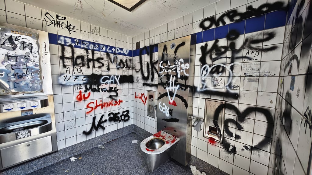 Die WC-Anlage am Vöhringer Platz in Hettstedt ist mit Graffitis übersät.