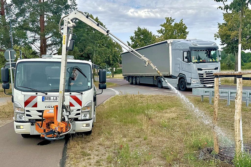 Mit einem Spezialfahrzeug werden die neu angepflanzten Bäume entlang der B1 zwischen Parchen und Genthin bewässert.