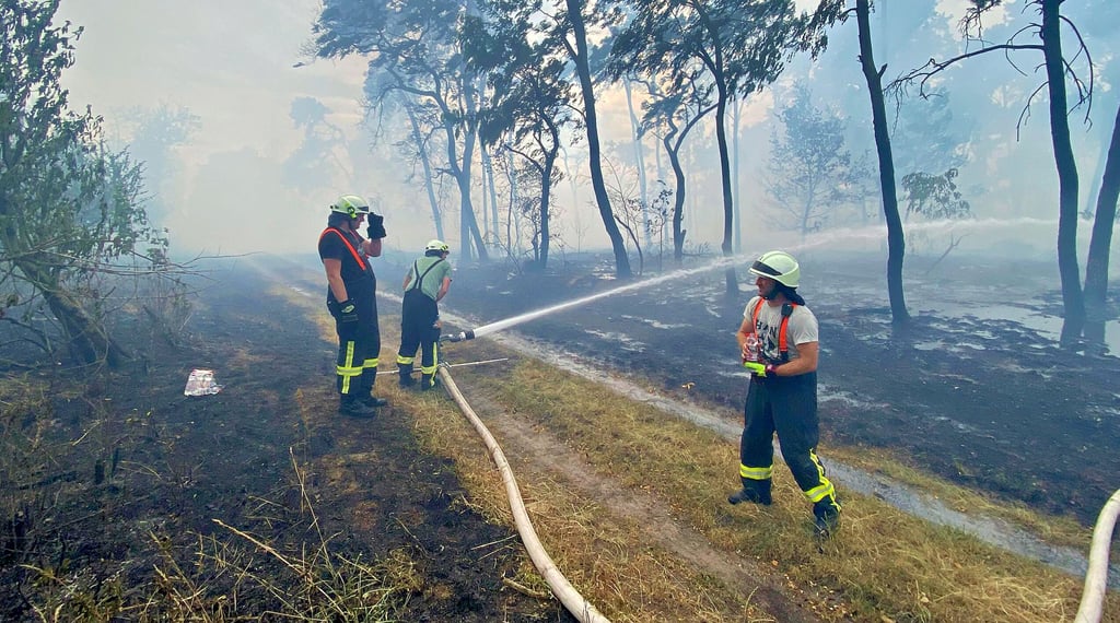 90 Einsatzkräfte haben den Vegetationsbrand bei Bleiche zwischen Groß Ammensleben und Samswegen gelöscht und dabei Hab und Gut von Anwohnern gerettet. Erst nach sieben Stunden war das Feuer gelöscht.