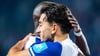 Jason Ceka und Amara Condé im Jahr 2021. Beide bejubeln Cekas Treffer zum 4:0 gegen Türkgücü München in der 3. Liga.