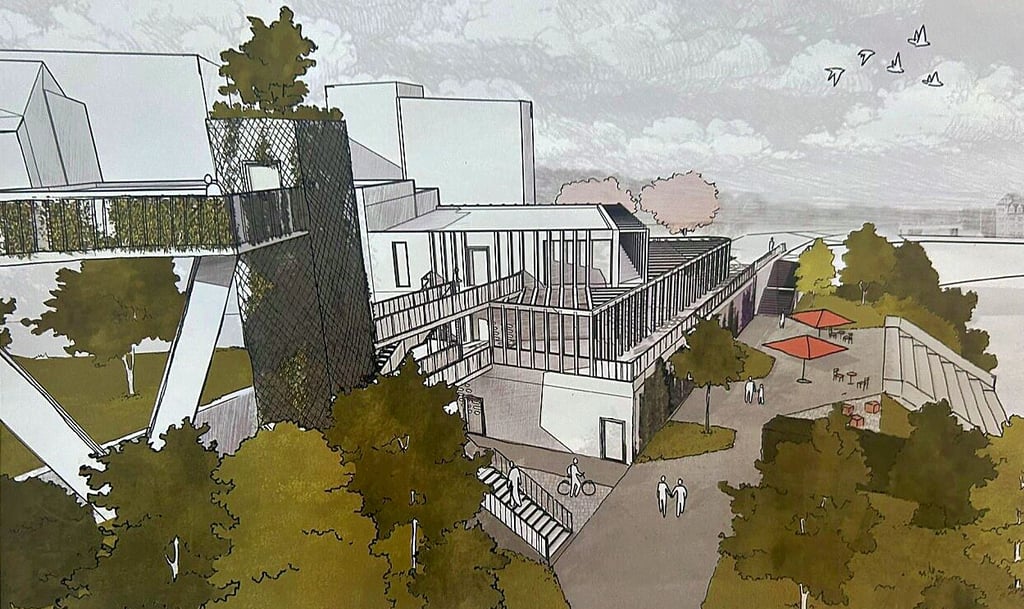 So stellt sich der Zweitplatzierte, das Architekturbüro Dieter Kienast aus Hoym, die Uferraumgestaltung vor. Auch hier ist ein Fahrstuhl zum Stadtpark dabei.