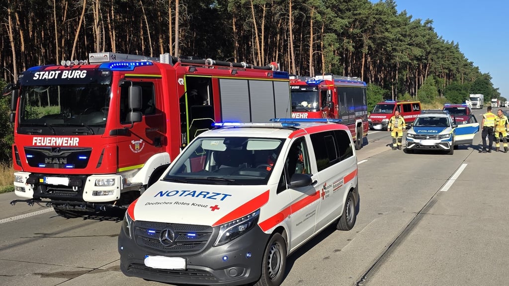 Feuerwehr, Notarzt und Polizei waren auf der A2 bei Theeßen im Einsatz, wo ein Reisebus auf einen Lkw aufgefahren war.