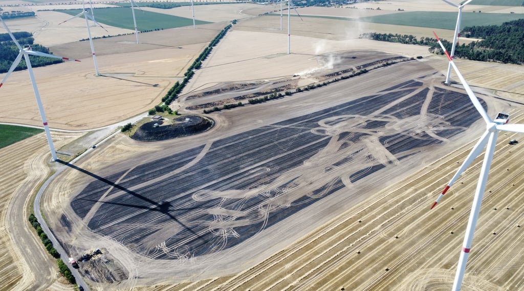 45 Hektar Acker brannten im Windpark Hüselitzer Berg (Kreis Stendal), nachdem sich eine Strohpresse bei Erntearbeiten entzündet hatte.