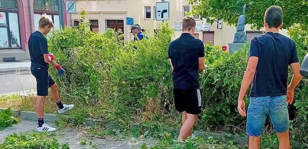 Schüler des Schillergymnasiums arbeiten hier auf dem Storchplatz.