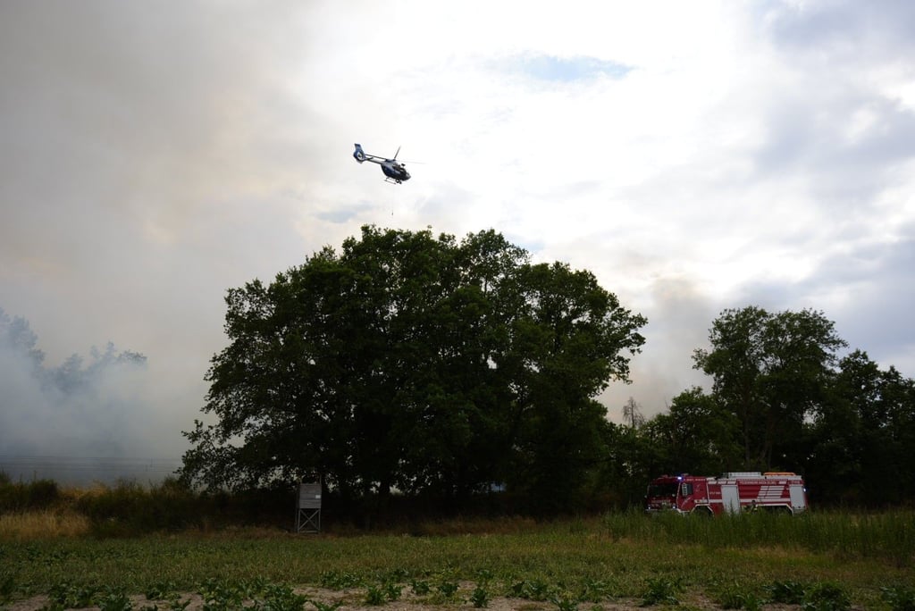 Ein Hubschrauber unterstützte die Löscharbeiten im Wald bei Rodleben.