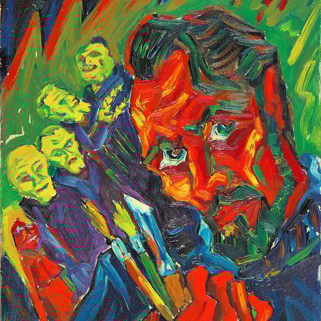 „Florentiner Ferien“ (Ausschnitt) zeigt Birga selbst neben den Freunden Ernst Heckel, Otto Dix, Oskar Kokoschka und Ludwig Meidner.