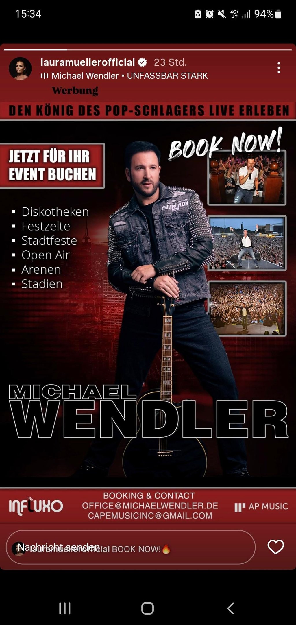 Laura Müller macht für ihren Ehemann Michael Wendler Werbung für zukünftige Auftritte.