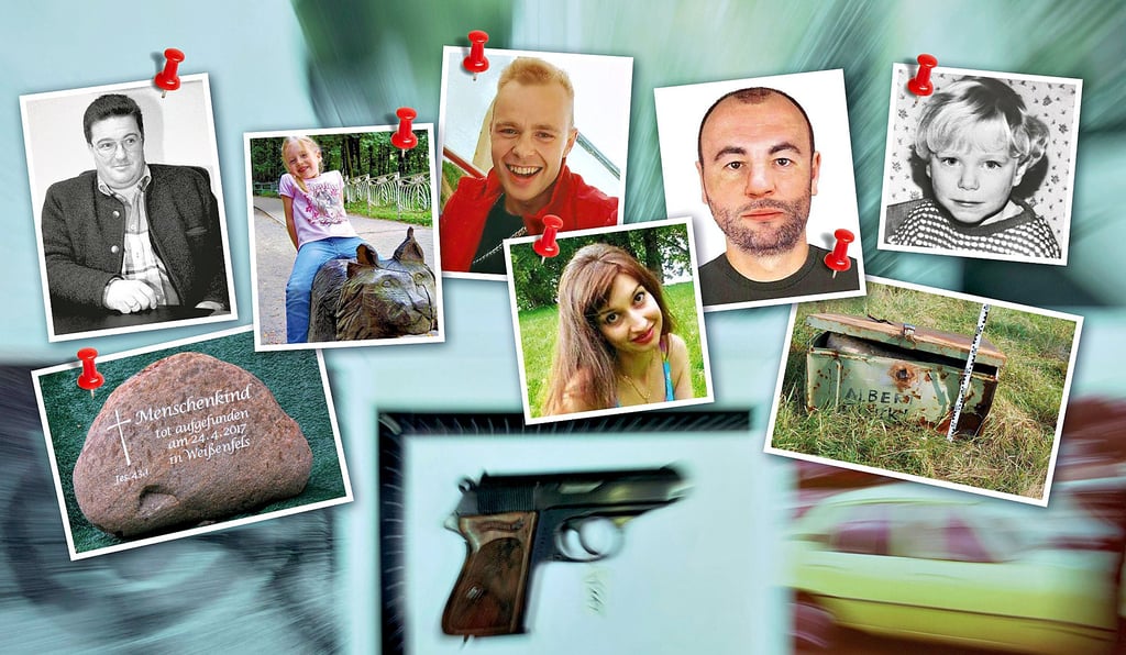 Die Fotomontage zeigt einige noch immer nicht gelöste Fälle der Kriminalpolizei.