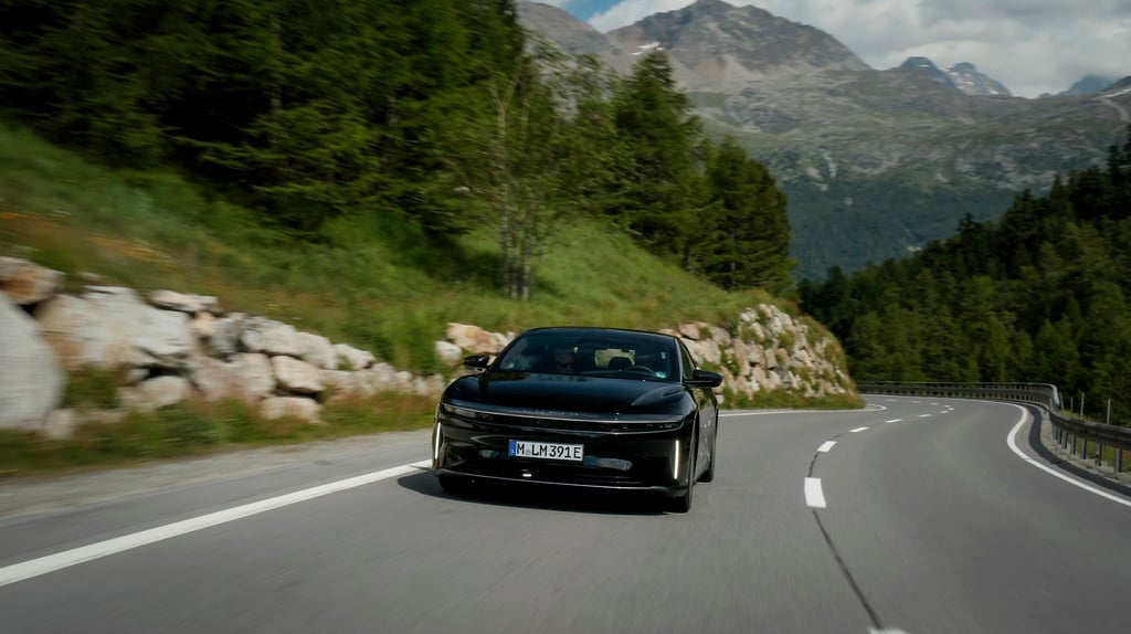 Das Elektroauto von Lucid auf der Fahrt durch die Alpen - mit einer Elektroladung kam es so weit wie noch kein anderes Auto auf den Straßen.
