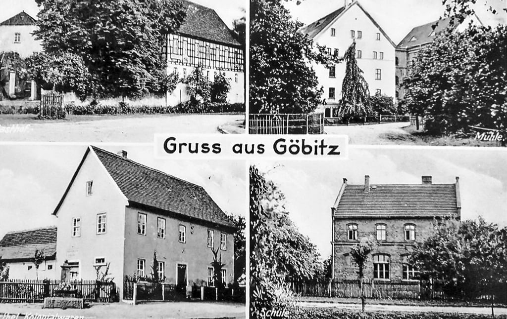 Die Postkarte aus Göbitz zeigt die Gaststätte (oben rechts), daneben die Mühle, den ehemaligen Konsum und die ehemalige Schule.