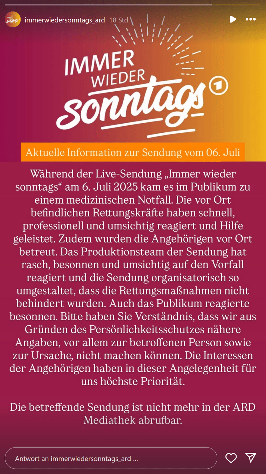Auf Instagram wird zum Vorfall bei "Immer wieder sonntags" Stellung bezogen.