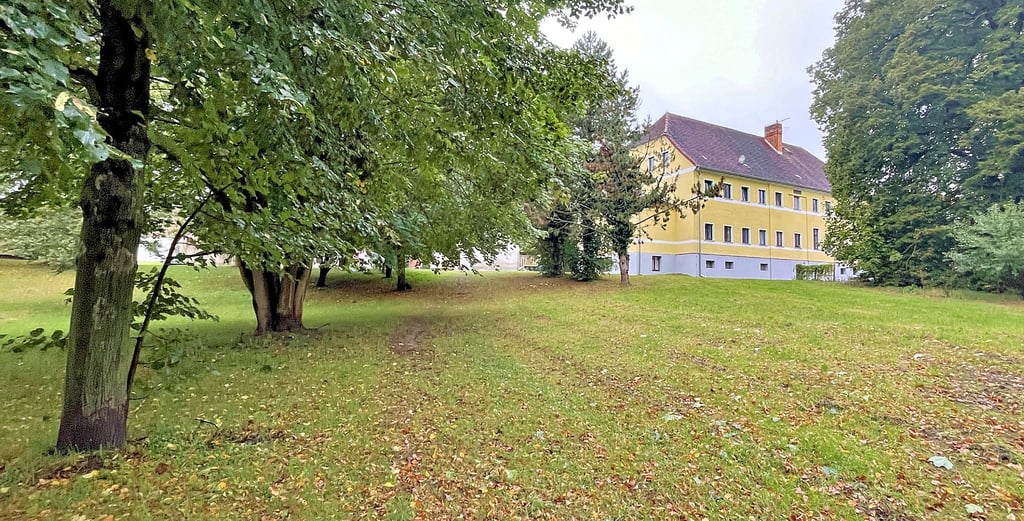 Das Gutshaus in Grieben vom Park aus gesehen. Der als Gartendenkmal eingetragene Park soll nun nicht mit dem Objekt zusammen verkauft werden.