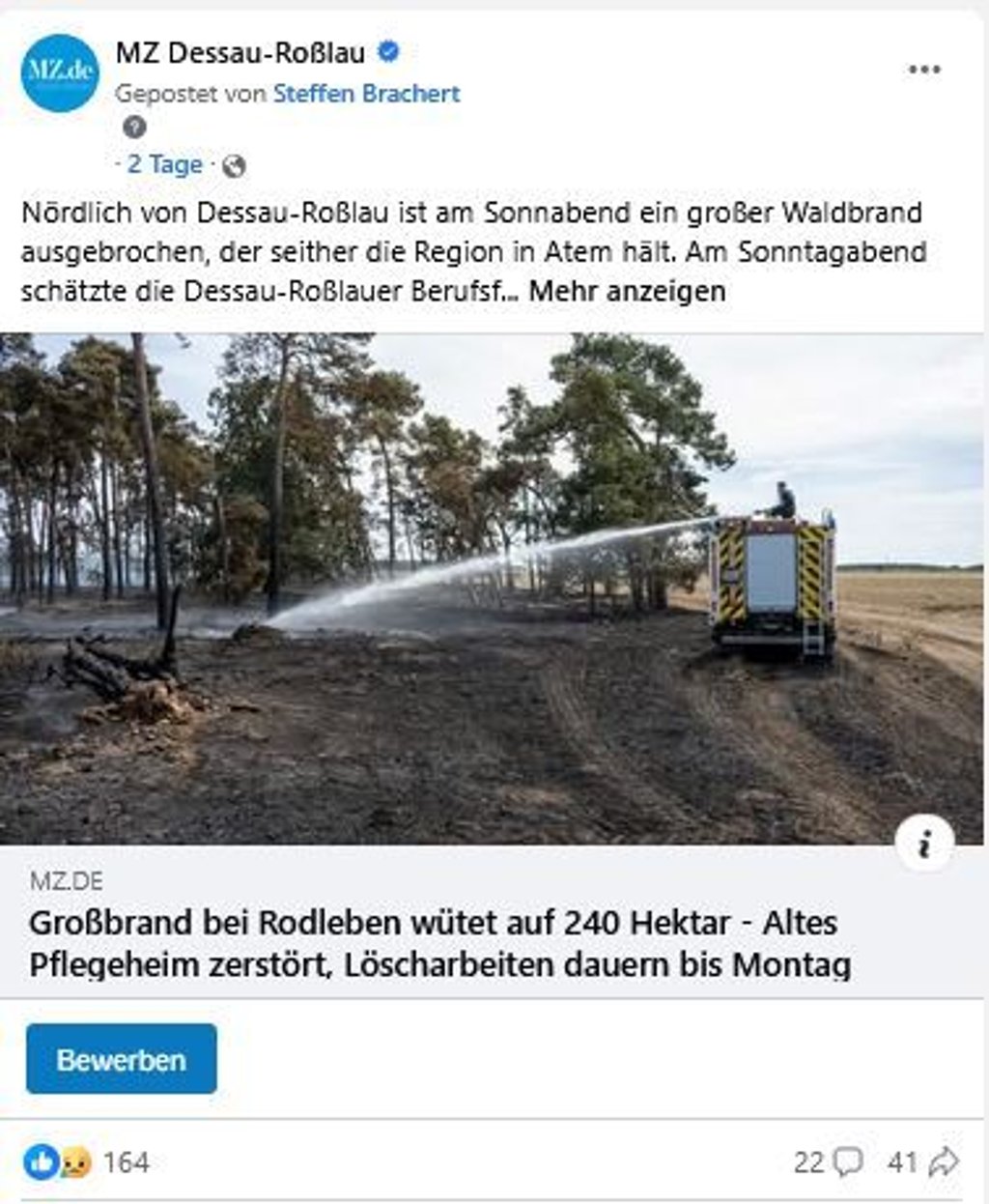 Der Facebook-Post zum Brand bei Pakendorf erreichte über 23.500 Personen.