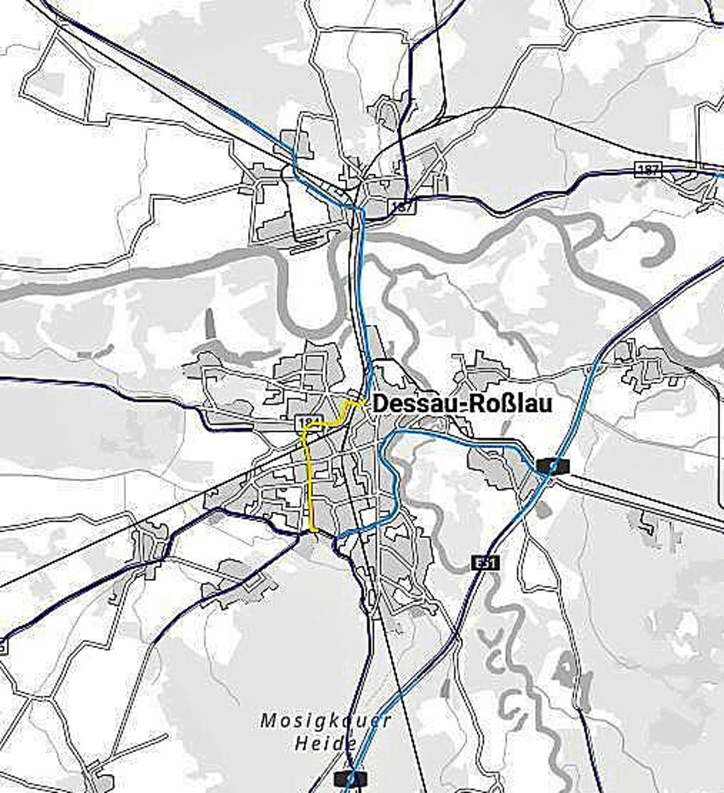 Deutlich erkennbar in gelb ist die innerstädtische B 184. In hellblau sind die östliche B 185 sowie die Ausfallstraße nach Roßlau angezeigt. Hier passierten mehr Unfälle als anderswo.