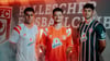 Malek Fakhro (v. l.), Niklas Landgraf und Burim Halili präsentierten die neuen Trikots