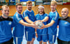 Trainingsauftakt beim DRHV mit Co-Trainer Philipp Braun, Tomislav Jagurinodki, Valentin Neagu, Mika Schüler, Julius Drachau und Chef-Trainer Vanja Radic (v.l.n.r.)
