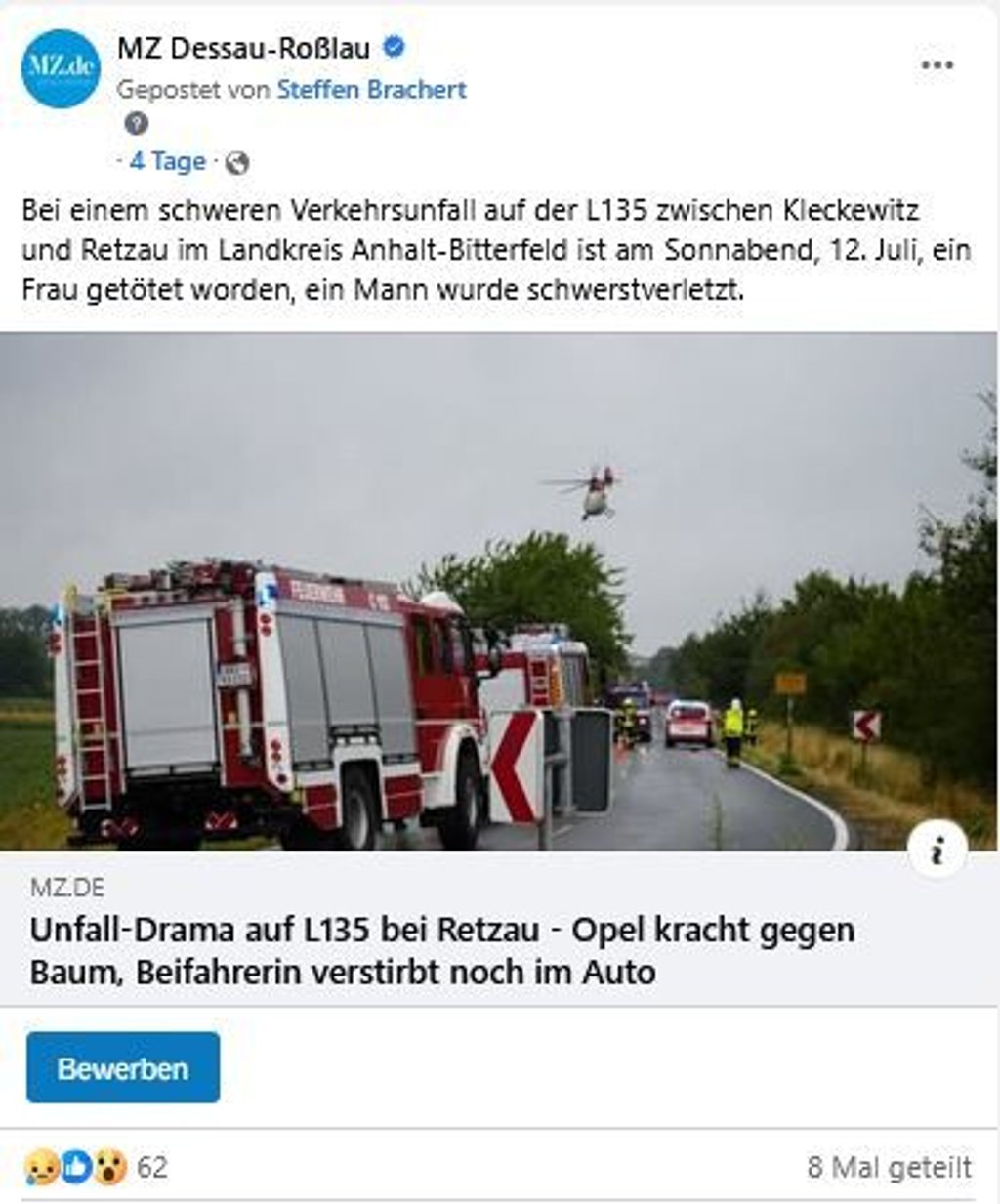 Der Facebook-Post zum schweren Unfall bei Retzau.