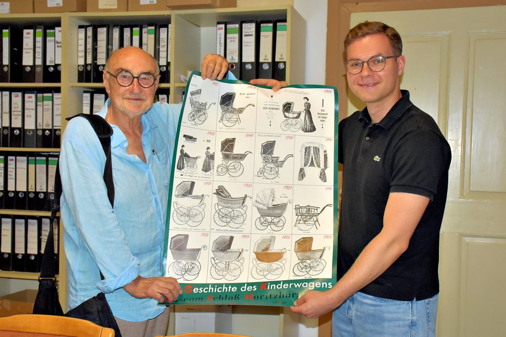 Roland Rittig (li.) und Niklas Franziskus Makowski präsentieren das beliebte Plakat, das für den Besuch des Kinderwagenmuseums in Zeitz warb.