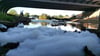 Eine Yacht geriet zwischen Editha- und Zollbrücke in Magdeburg in Brand. Die Feuerwehr löschte mit Schaum. Dieser treibt nun in der Elbe und verunsichert Beobachter.