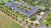 So soll das neue LKA Gebäude aussehen. Der künftige Bau besteht aus zwei viergeschossigen Hauptgebäuden mit PV-Anlagen auf den Dächern, einem begrünten Parkhaus (oben rechts) und einem Nebengebäude.