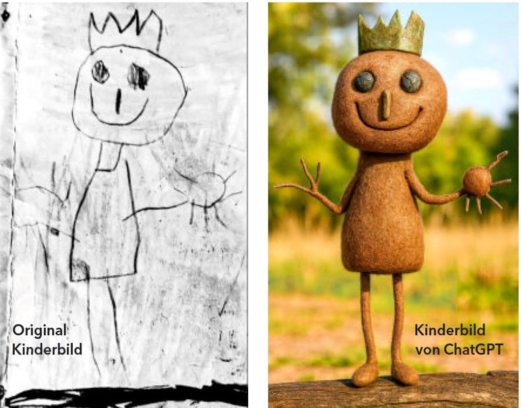 Aus dieser Zeichnung ist dank ChatGPT dieser niedliche König geworden.