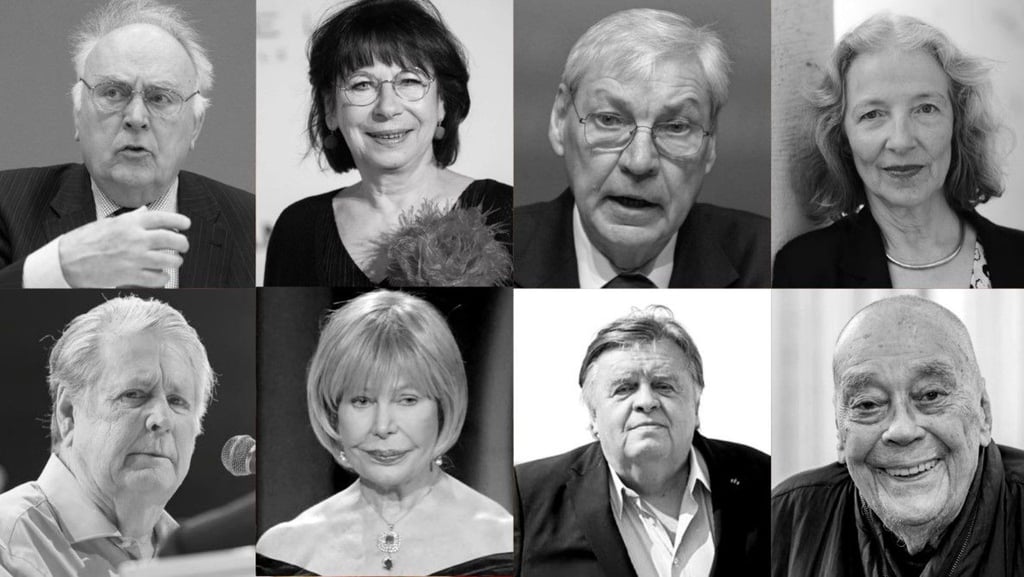 Prominente Todesfälle 2025: oben.v.l.: Wolfgang Böhmer, Monika Hansen, Michael Sommer, Gertrud Leutenegger; unten v.l.: Lorreta Swit, Helmut Thoma, Günther Uecker