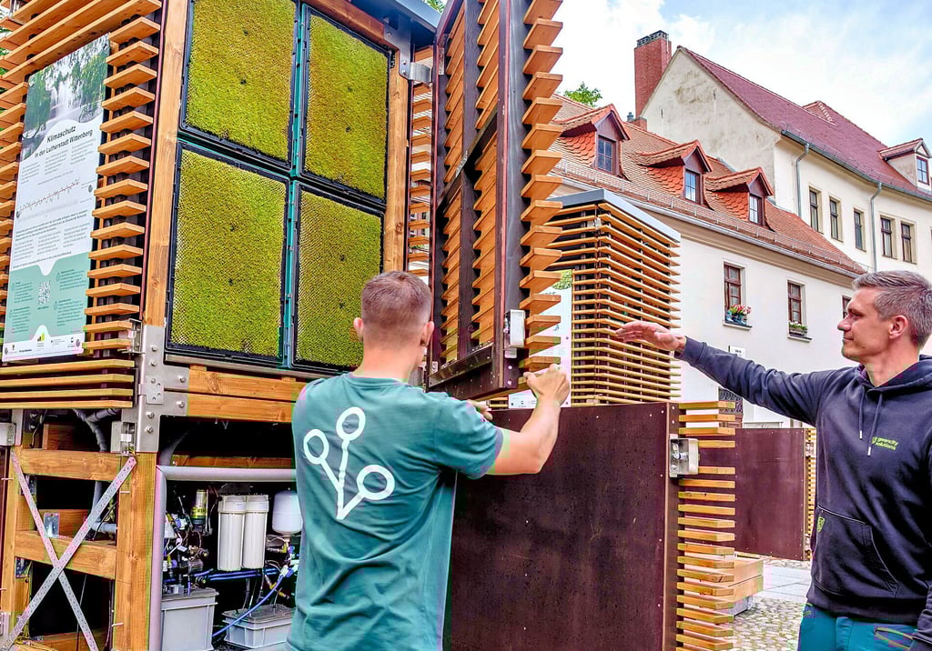 Peter Sänger, CEO von Green Solutions, (rechts) erklärt die Moosplatten im City-Tree.