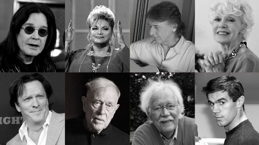 Prominente Todesfälle 2025: oben.v.l.: Ozzy Osbourne, Connie Francis, Mick Ralphs , Anita Kupsch; unten v.l.: Michael Madsen, Claus Peymann, Carlo von Tiedemann, Michael Löwe