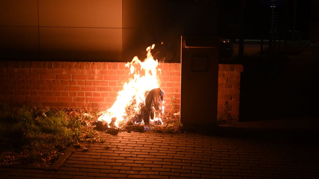 Eine der beiden brennenden Mülltonnen an der Bahnhofstraße in Halberstadt in der Nacht zum Donnerstag, 24. Juli.