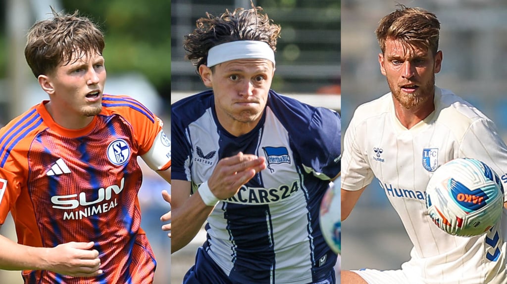 Die Trikots für die kommende Saison von Schalke 04, Hertha BSC und des 1. FC Magdeburg (v.l.). Die Preise der Jerseys variieren stark.