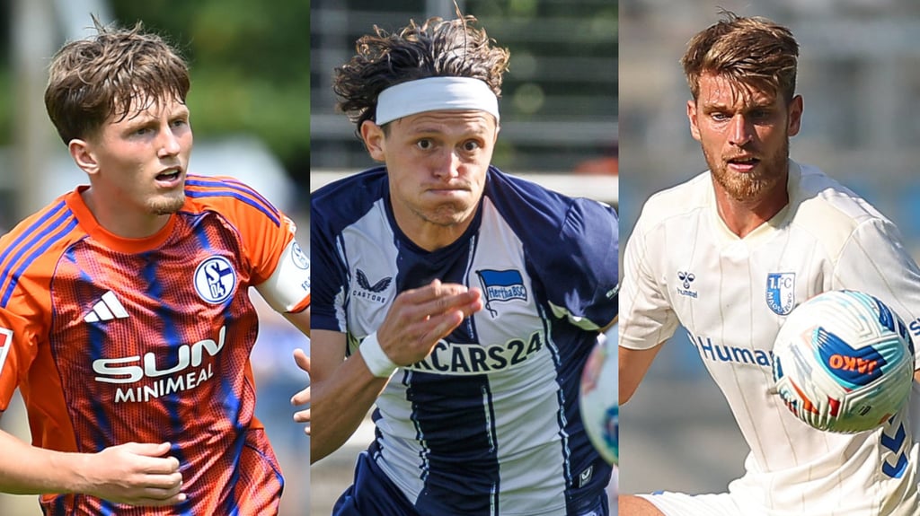 Die Trikots für die kommende Saison von Schalke 04, Hertha BSC und des 1. FC Magdeburg (v.l.). Die Preise der Jerseys variieren stark.