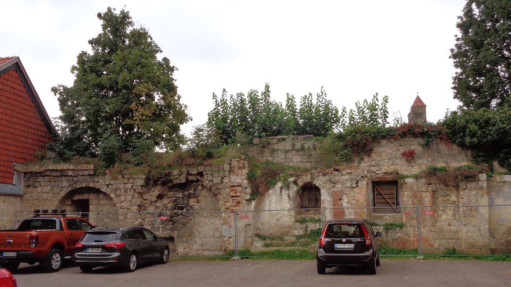 Der Stadtmauerabschnitt Hohe Straße 17 in Quedlinburg war durch eindringende Feuchtigkeit, Frost und Bewuchs bereits teils zerstört, der Hofbereich unmittelbar davor abgesperrt.