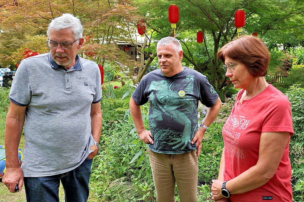Der Nachterstedter Holger Dietrich (Mitte) fachsimpelt mit Familie Weddeler aus Harzgerode über seine 156 Arten Japanischen Ahorns.