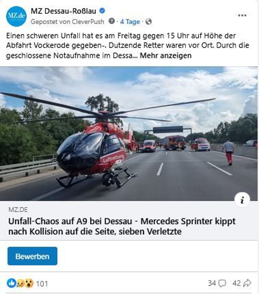 Der Facebook-Post zu dem schweren Unfall auf der A9 bei Vockerode.