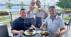 Terrasse mit Goitzscheblick - der Heimathafen lädt mit Küchenchef Sebastian Seidel, Sophie und Chloe sowie dem Chef Matthias Groß (v.l.) ein.
