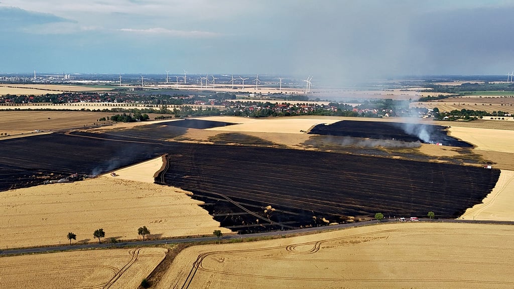 Der Feldbrand zwischen Tagewerben (im Hintergrund) und Storkau konnte erst rund 500 Meter vor den ersten Tagewerbener Grundstücken gestoppt werden, wie sich auf diesem Drohnenfoto erahnen lässt.