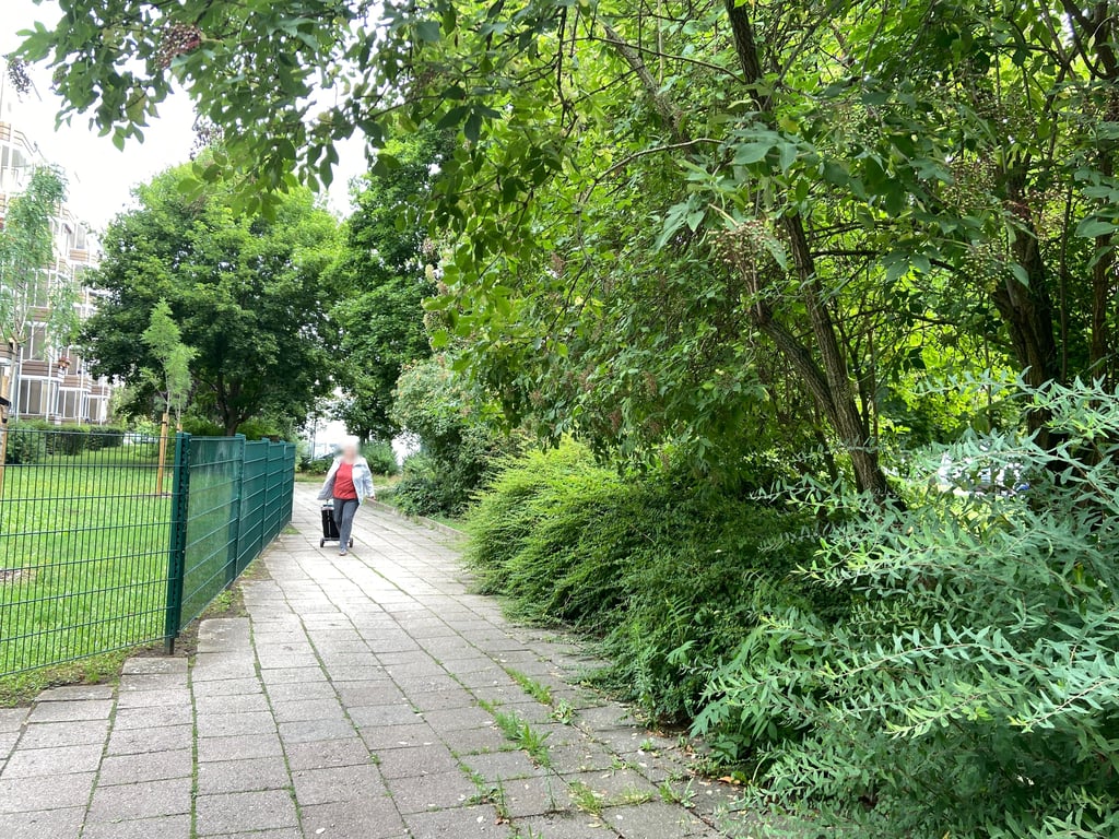 Eine Anwohnerin geht den unbeleuchteten Abschnitt der Blauebeilstraße in Magdeburg entlang. Bald sollen hier zwei neue Straßenlaternen für mehr Sicherheit sorgen.