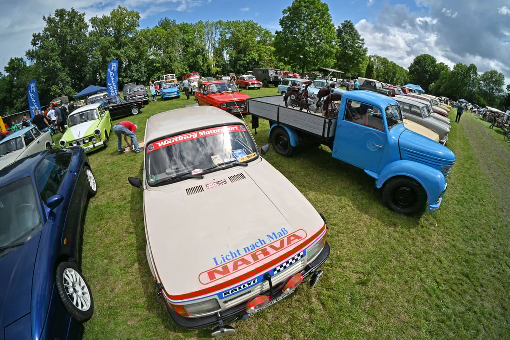 Oldtimer- und Zweitakt-Treffen der „Blauen Fahne“ in Mehringen: Dicht an dicht stehen auf der Mehringer Insel die Fahrzeuge – Zweitakter und Oldtimer.