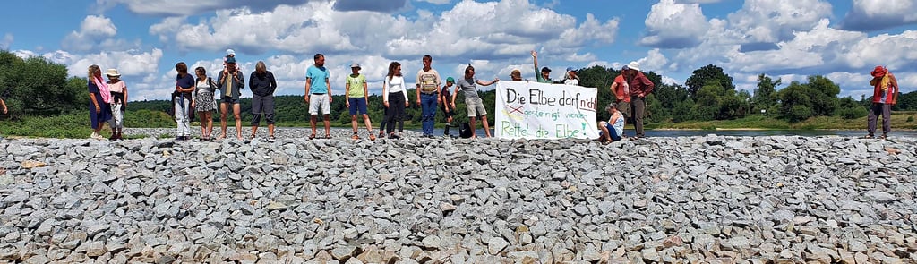 Symbolische Besetzung der Baustelle an der Elbe zwischen Aken und Lödderitz durch die Teilnehmer des 33. Internationalen Elbe-Saale-Camps.
