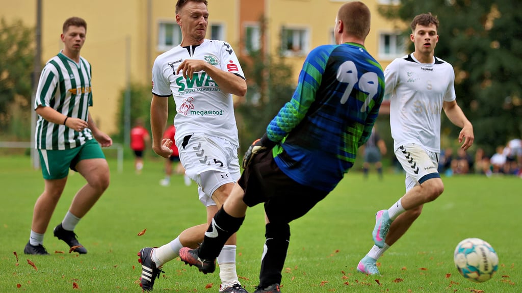 Die Handballer des HC Aschersleben, hier mit Pit Seifert (2. v. l.), machten auf dem Fußballrasen in Winningen eine gute Figur.