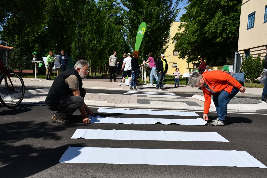 In Magdeburg gibt es nur wenige Zebrastreifen. Mit einer Aktion hatten die „Grünen Stadtfeld“ im Frühjahr 2025 für einen Überweg in der Beimssiedlung gesorgt.